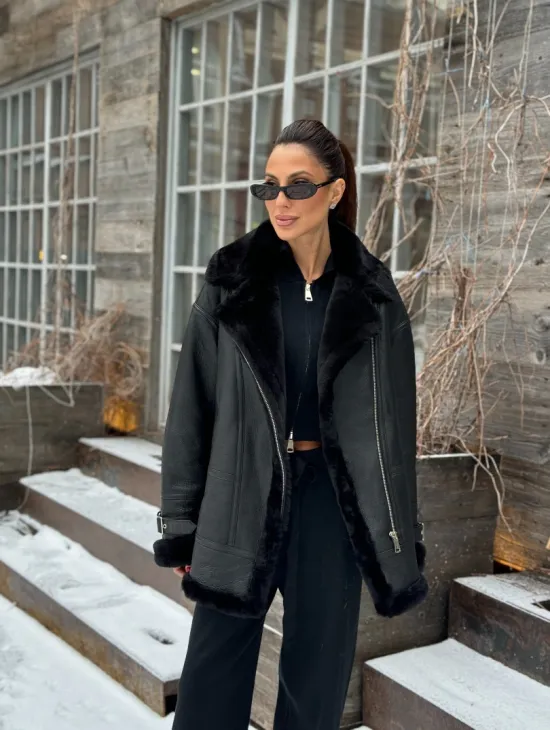 Черная дубленка авитор на овчине - фото 5