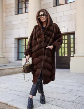 Шуба норковая с капюшоном - цвет соболь - фото 0