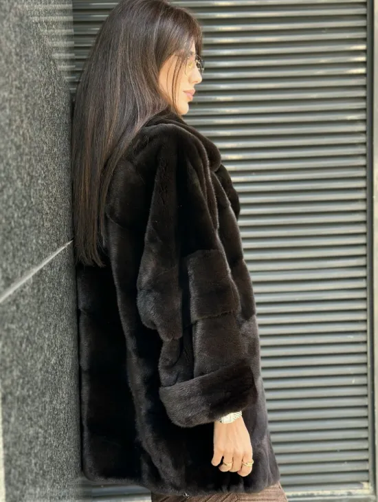 Укороченная норковая шуба в цвете шоколад - фото 1