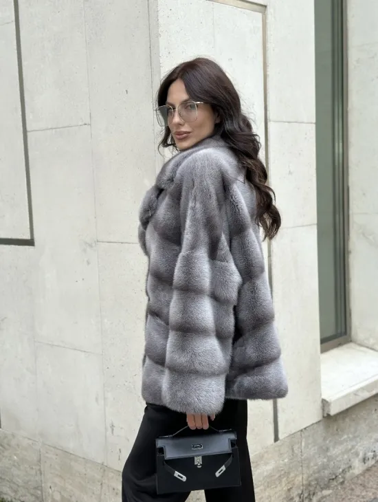 Норковый полушубок с английским воротником - цвет Platinum - фото 10